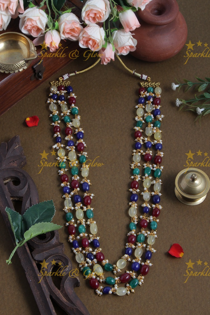 Three Layered Multi Color Bead Chain with Pearls