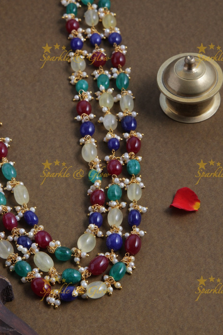 Three Layered Multi Color Bead Chain with Pearls