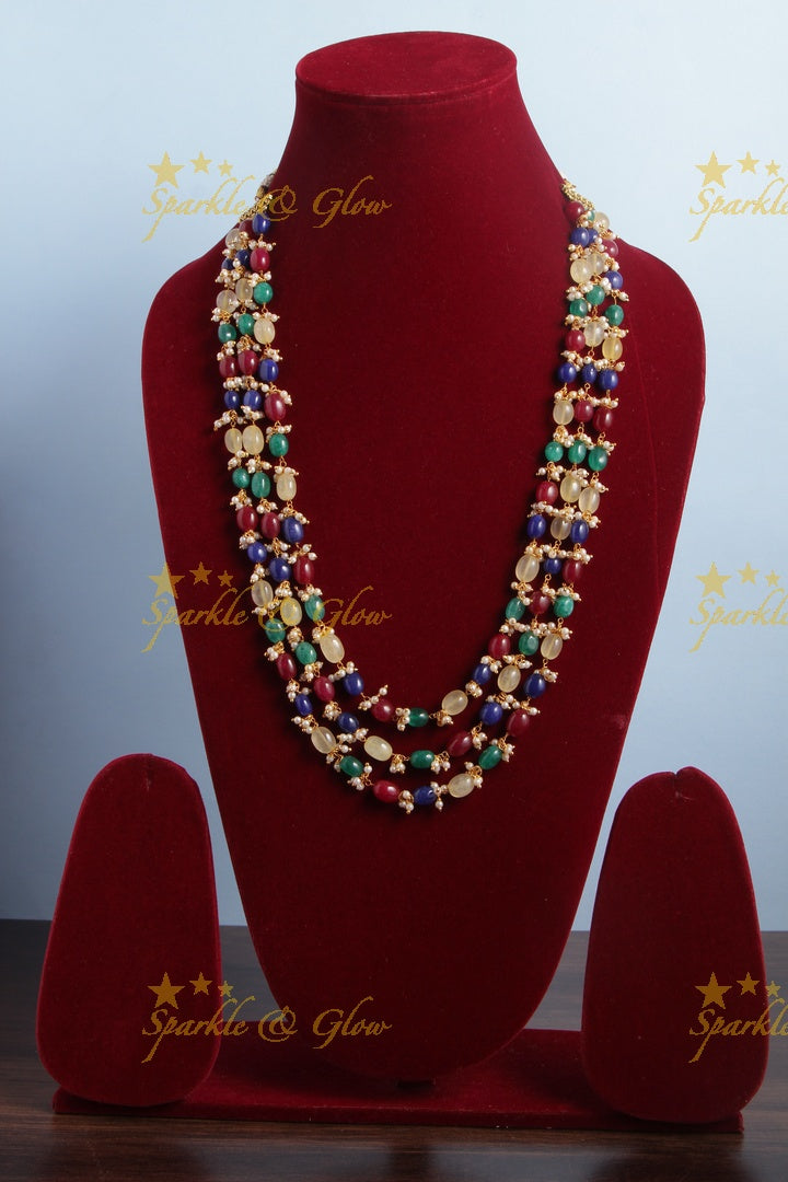 Three Layered Multi Color Bead Chain with Pearls