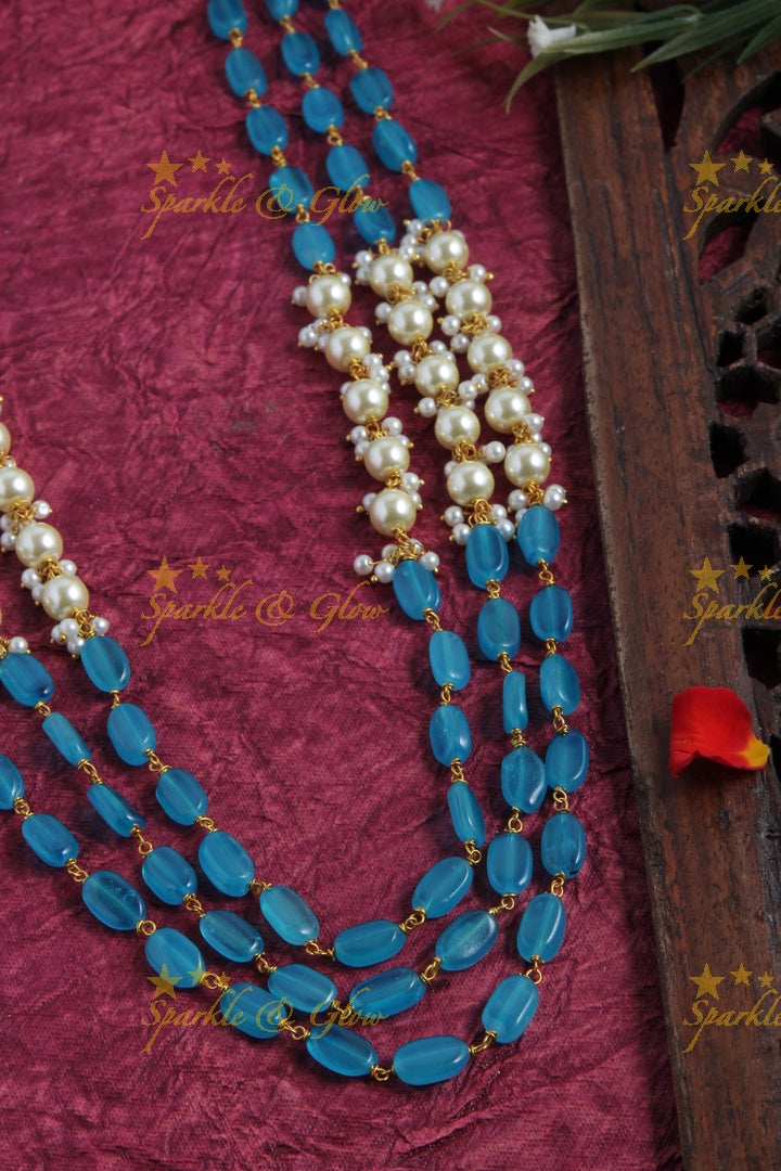 Three Layered Pearl Sky Blue bead Chain