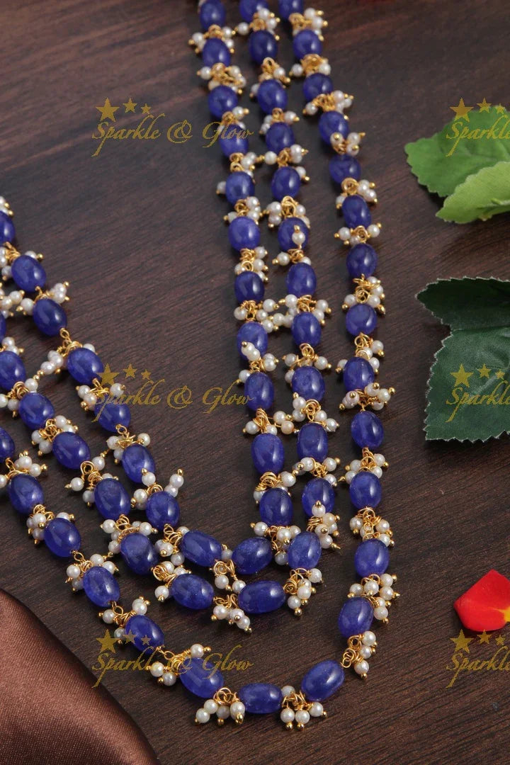 Three Layered Blue Bead Chain with Pearls - Sparkle and Glow