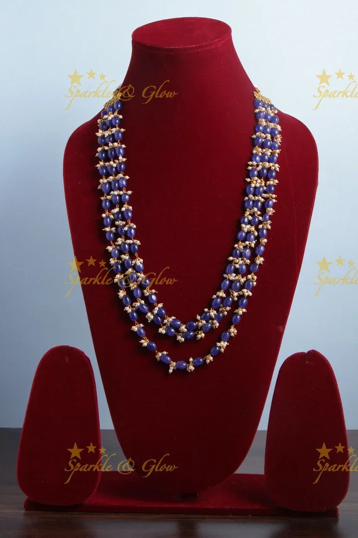 Three Layered Blue Bead Chain with Pearls - Sparkle and Glow