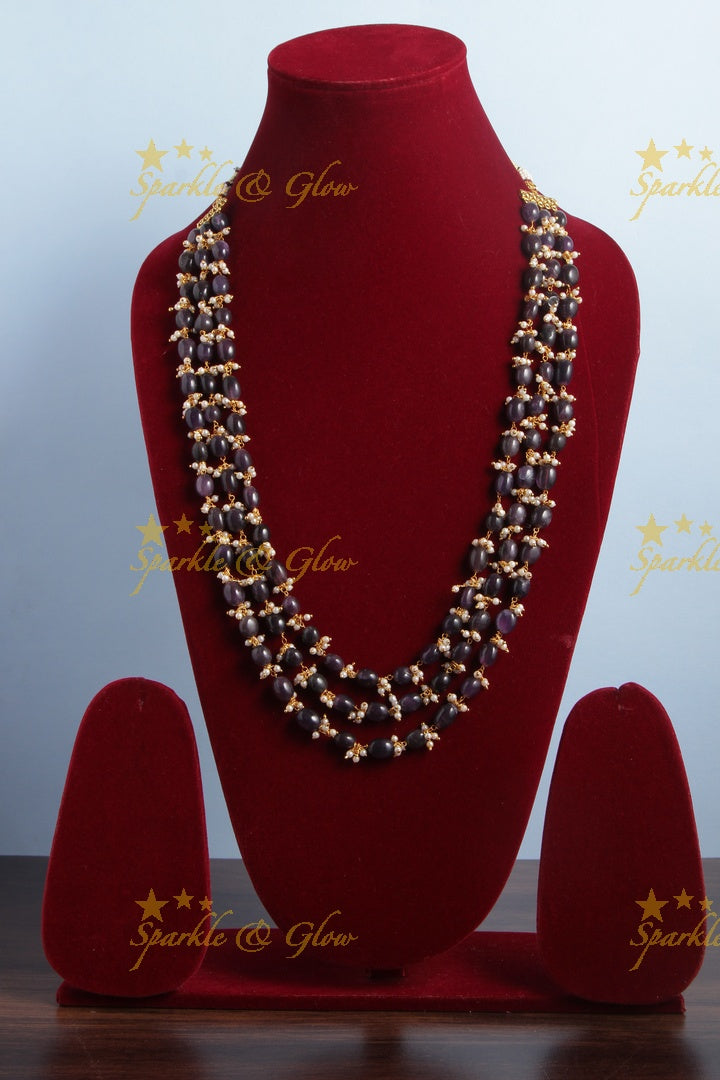 Three Layered Black Bead Chain with Pearls