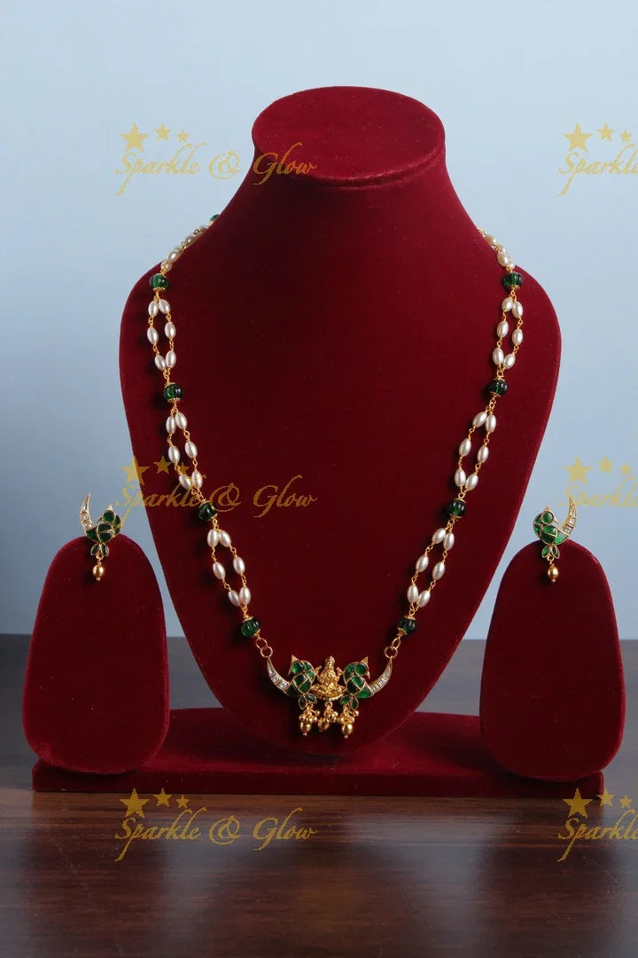 Beautiful Necklace with Lakshmi Peacock Pendent - Green - Sparkle and Glow