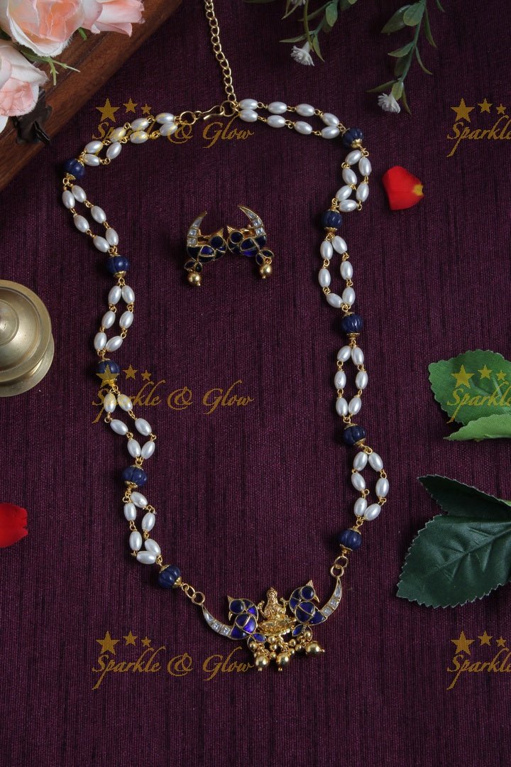 Beautiful Necklace with Lakshmi Peacock Pendent - Blue - Sparkle and Glow - Back Thread - 