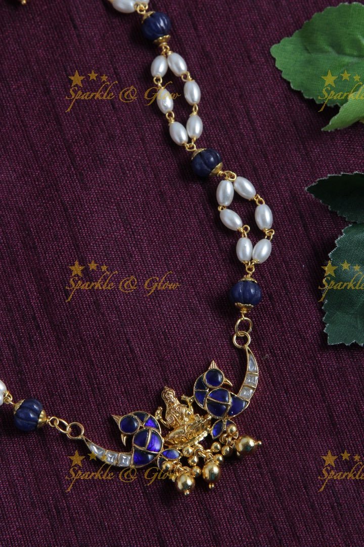 Beautiful Necklace with Lakshmi Peacock Pendent - Blue - Sparkle and Glow - Back Thread - 