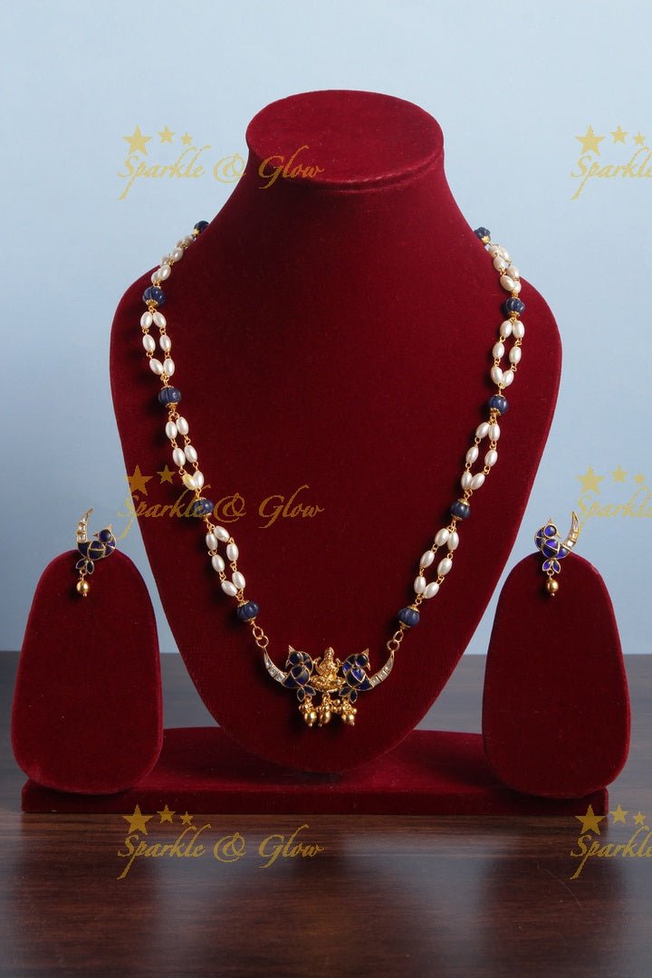 Beautiful Necklace with Lakshmi Peacock Pendent - Blue - Sparkle and Glow - Back Thread - 