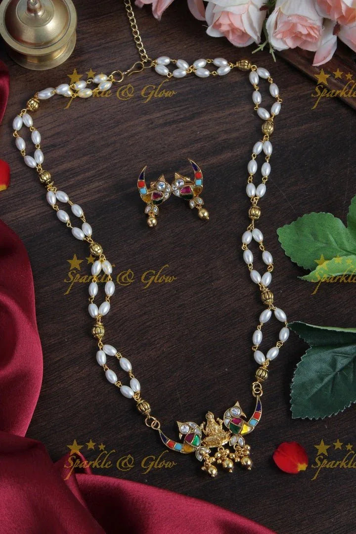 Beautiful Necklace with Lakshmi Peacock Pendent - Navaratna - Sparkle and Glow