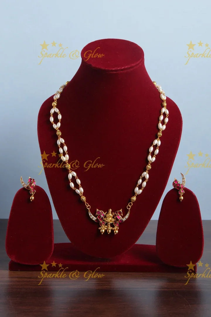 Beautiful Necklace with Lakshmi Peacock Pendent - Green - Sparkle and Glow