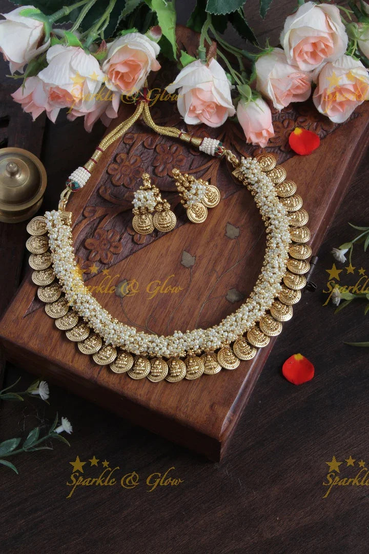 Lakshmi Coin Pearl Cluster bead Necklace - Sparkle and Glow