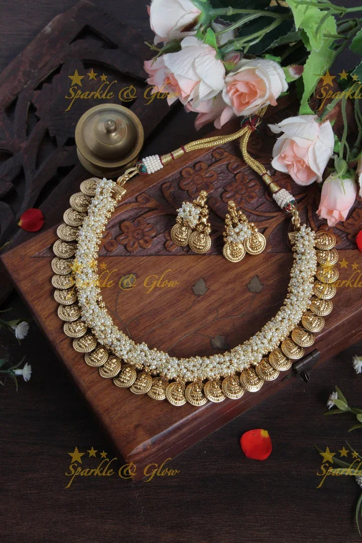 Lakshmi Coin Pearl Cluster bead Necklace - Sparkle and Glow