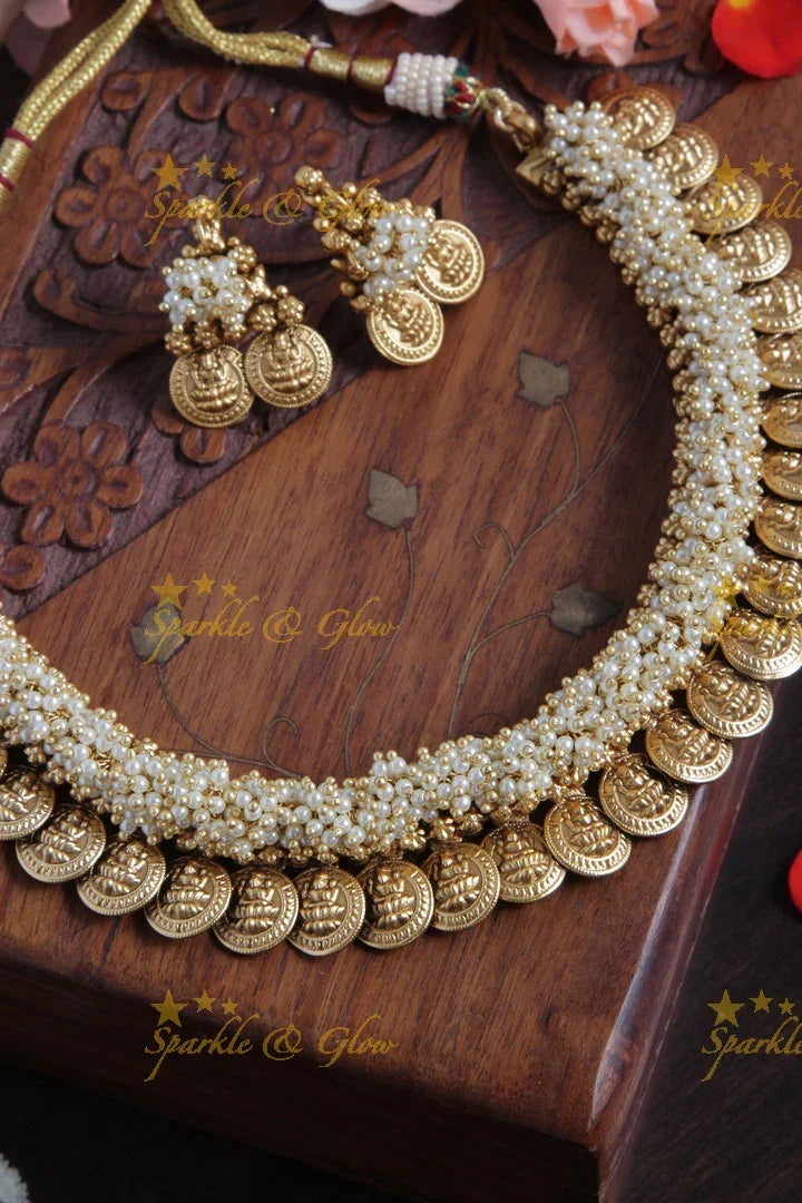 Lakshmi Coin Pearl Cluster bead Necklace - Sparkle and Glow