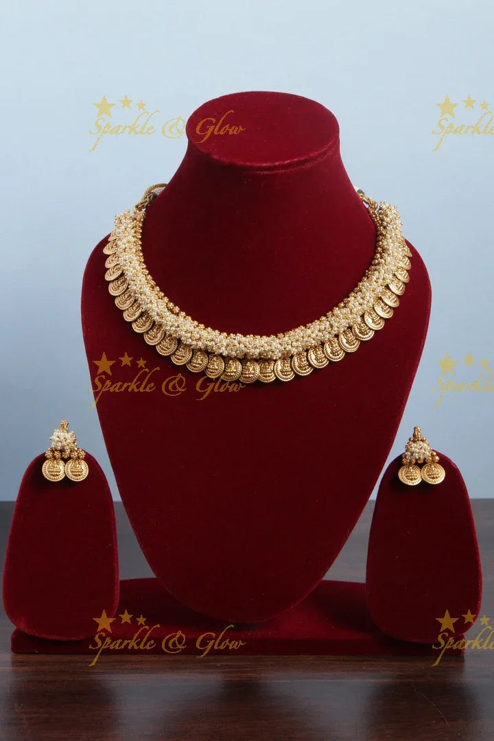 Lakshmi Coin Pearl Cluster bead Necklace - Sparkle and Glow