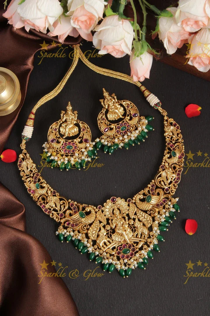 Lakshmi Elephant Elegant short necklace with Green beads - Sparkle and Glow