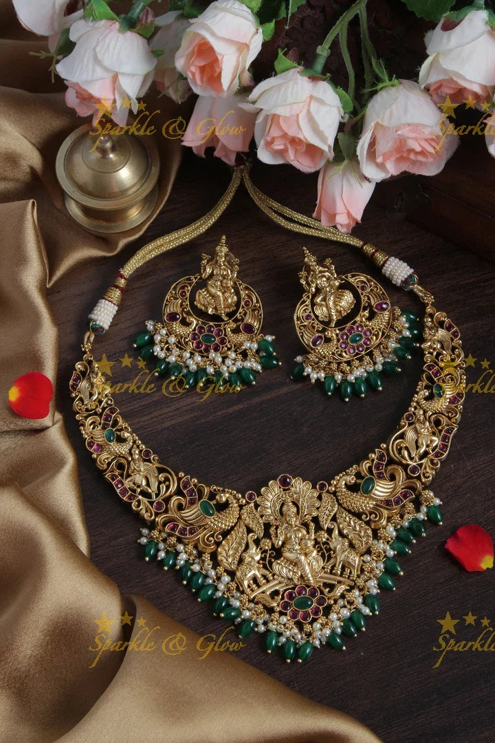 Lakshmi Elephant Elegant short necklace with Green beads - Sparkle and Glow