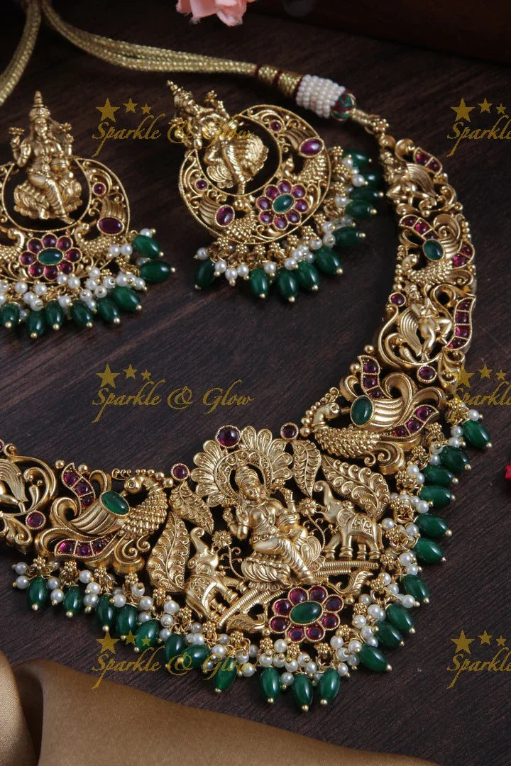 Lakshmi Elephant Elegant short necklace with Green beads - Sparkle and Glow