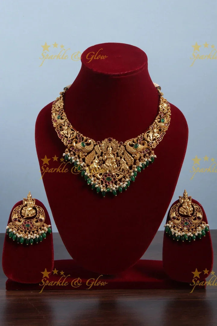 Lakshmi Elephant Elegant short necklace with Green beads - Sparkle and Glow