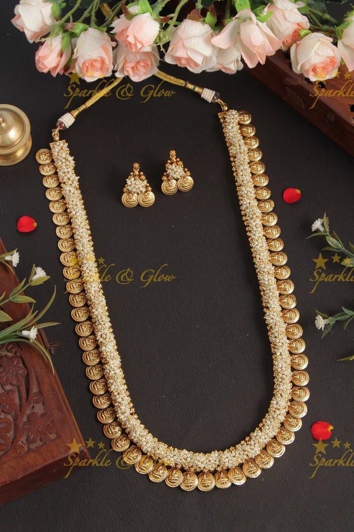 Lakshmi Coin gold bead Cluster bead Long Necklace - Sparkle and Glow