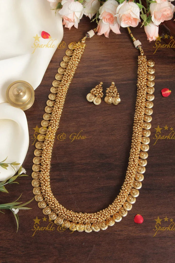 Lakshmi Coin gold bead Cluster bead Long Necklace - Sparkle and Glow