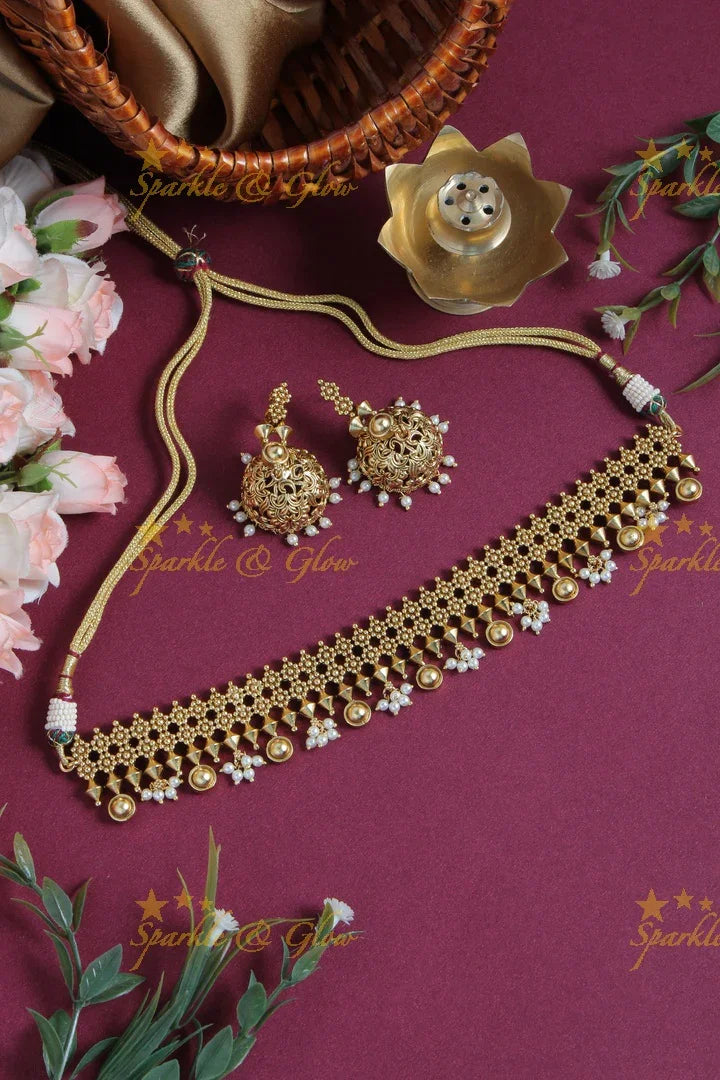 Gold Alike Diamond Shaped Floral Choker with Pearls - Sparkle and Glow