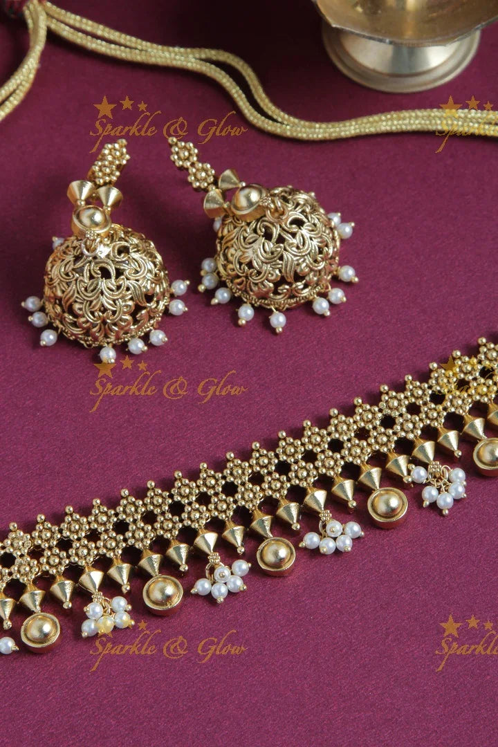 Gold Alike Diamond Shaped Floral Choker with Pearls - Sparkle and Glow