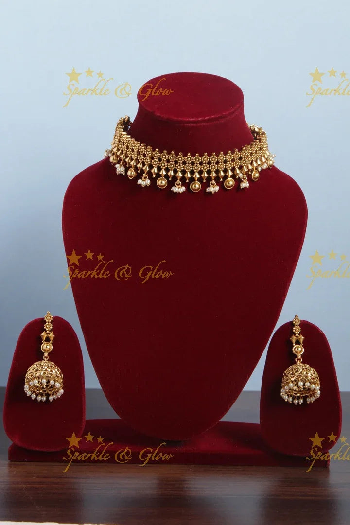 Gold Alike Diamond Shaped Floral Choker with Pearls - Sparkle and Glow