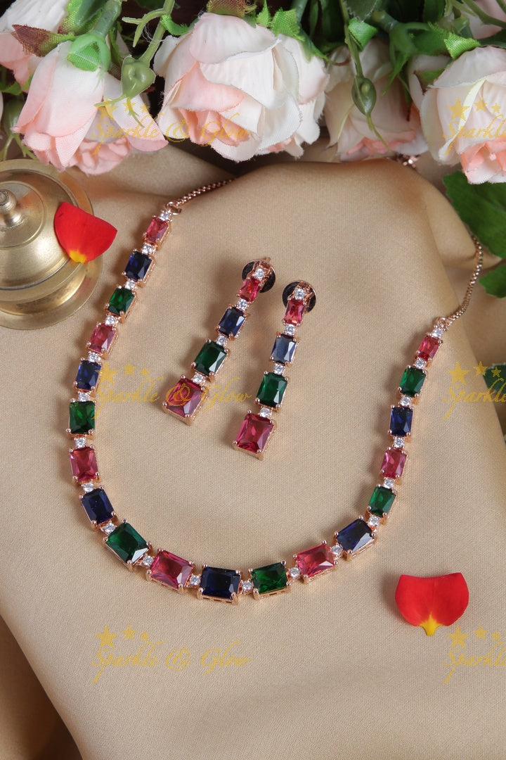 Rose gold AD stone Square design Necklace - Pink