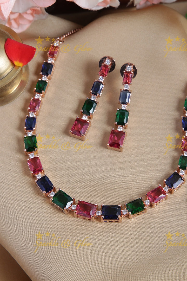 Rose gold AD stone Square design Necklace - Multi