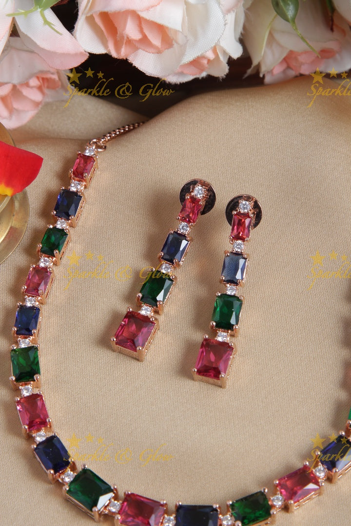 Rose gold AD stone Square design Necklace - Multi
