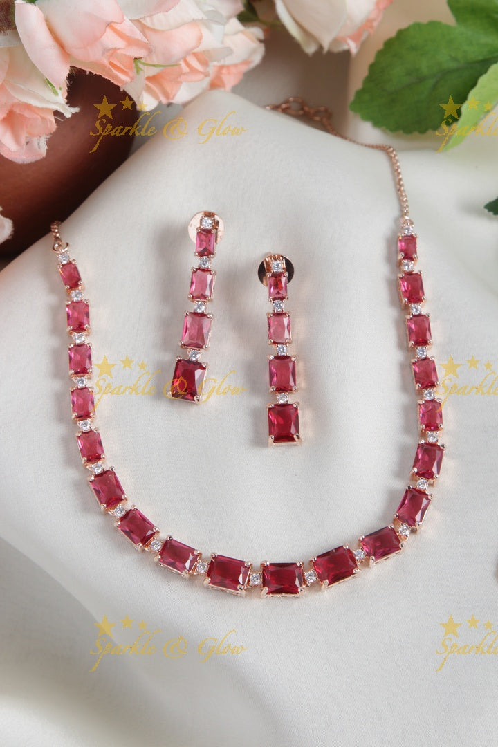 Rose gold AD stone Square design Necklace - Green