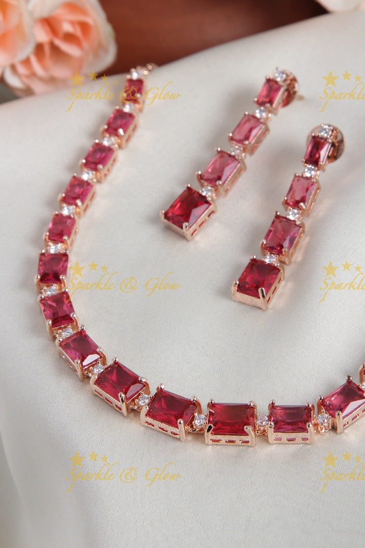 Rose gold AD stone Square design Necklace - Pink