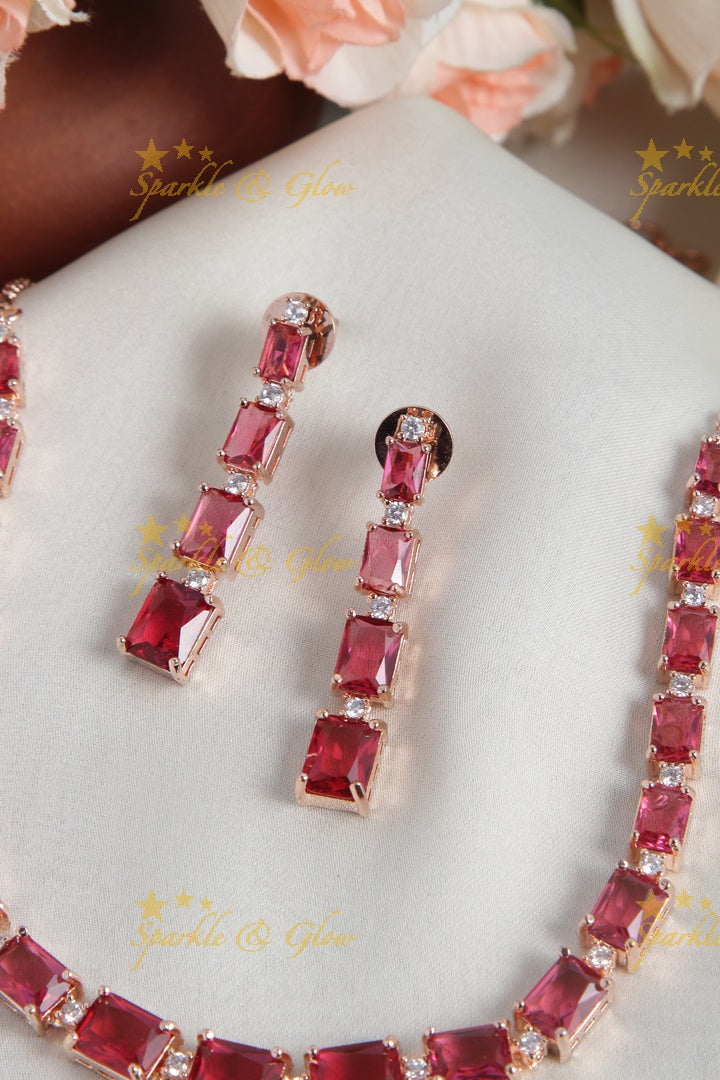 Rose gold AD stone Square design Necklace - Pink