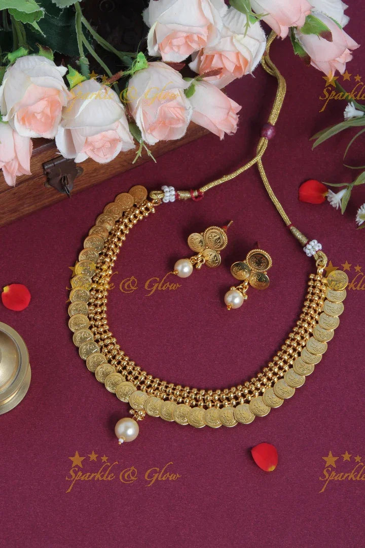 Budgetted Lakshmi Coin Necklace with a Pearl - Sparkle and Glow