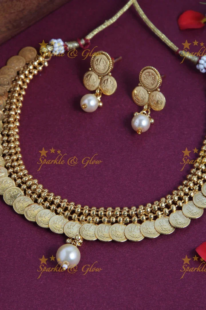 Budgetted Lakshmi Coin Necklace with a Pearl - Sparkle and Glow