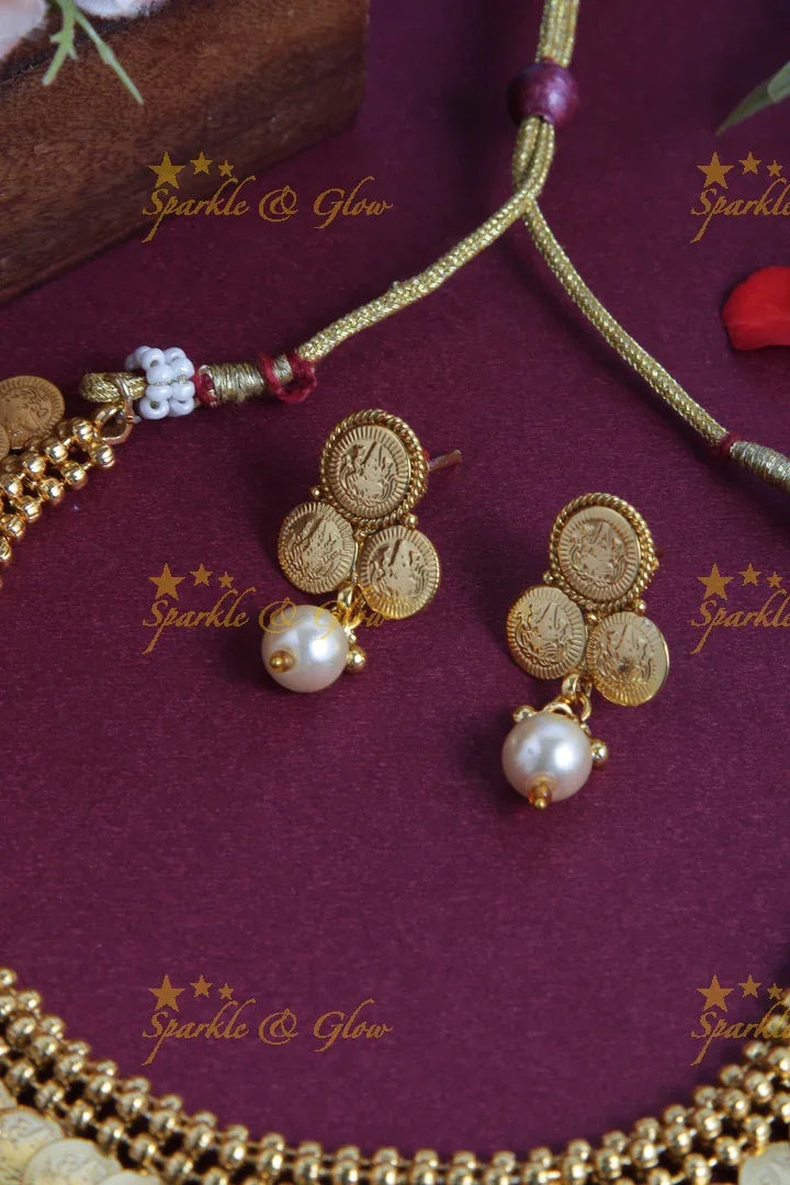 Budgetted Lakshmi Coin Necklace with a Pearl - Sparkle and Glow