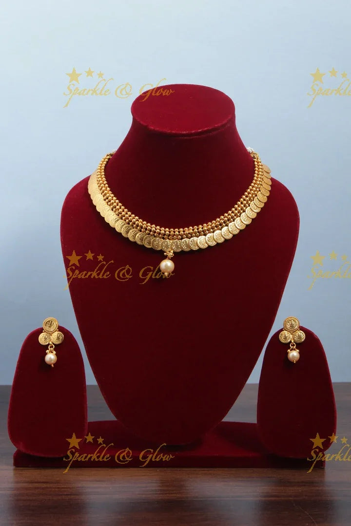 Budgetted Lakshmi Coin Necklace with a Pearl - Sparkle and Glow