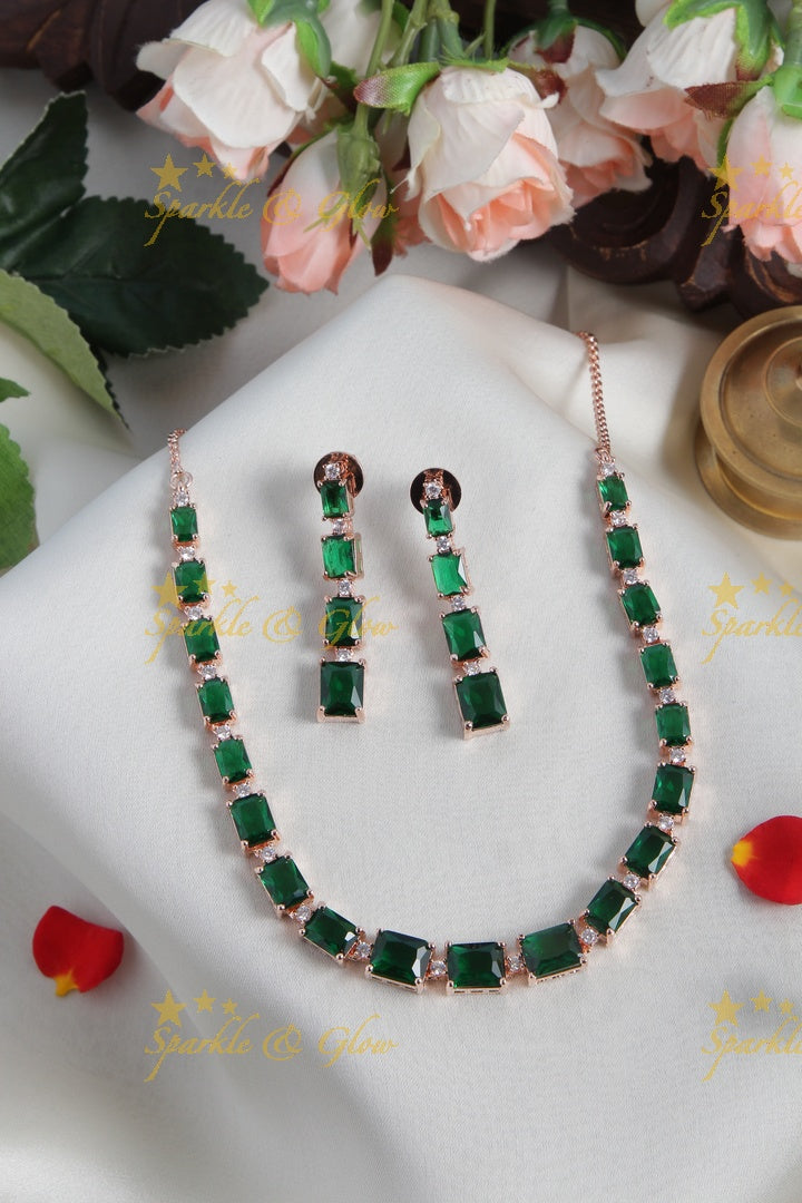 Rose gold AD stone Square design Necklace - Green