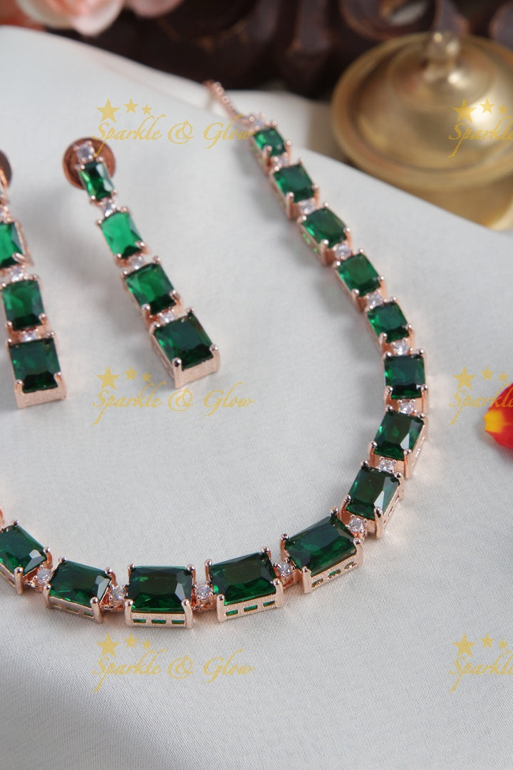 Rose gold AD stone Square design Necklace - Green
