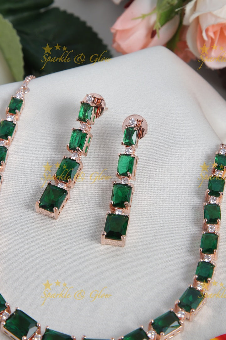 Rose gold AD stone Square design Necklace - Green