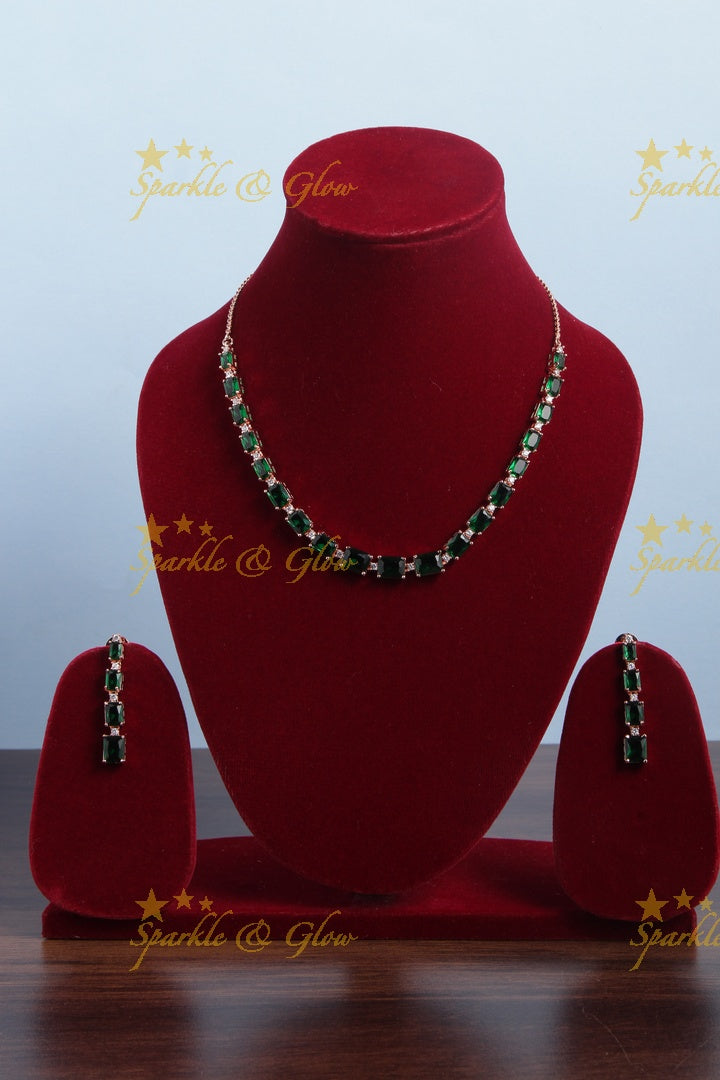 Rose gold AD stone Square design Necklace - Green