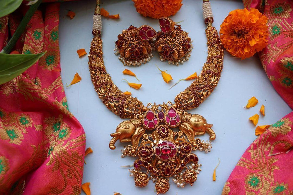 Kundan stone intricate work elephant design pipe choker - White Pink - Sparkle and Glow