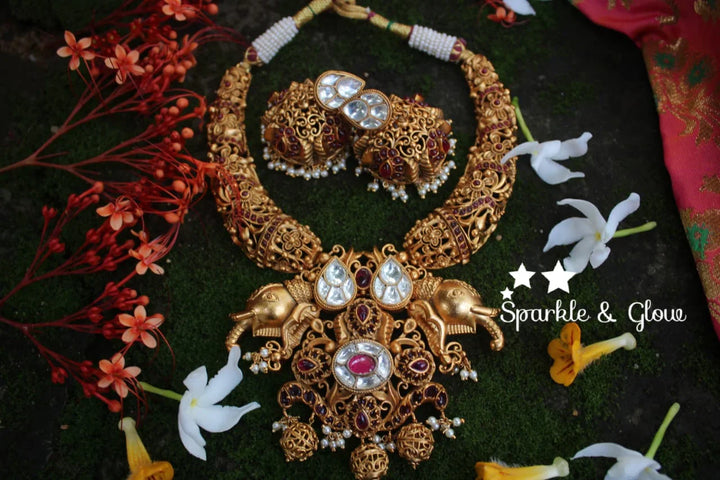 Kundan stone intricate work elephant design pipe choker - White Pink - Sparkle and Glow