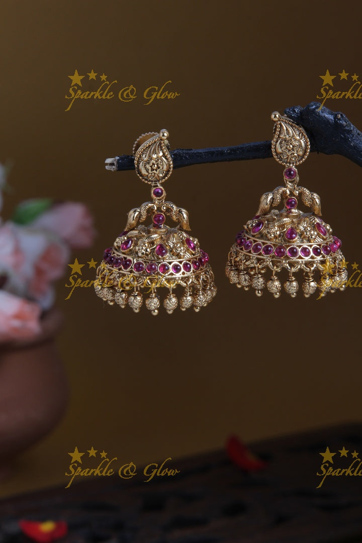 Beautiful Mango design Peacock Jhumkas with Gold beads