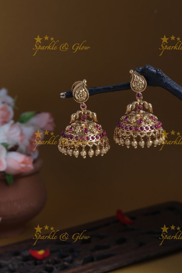 Beautiful Mango design Peacock Jhumkas with Gold beads