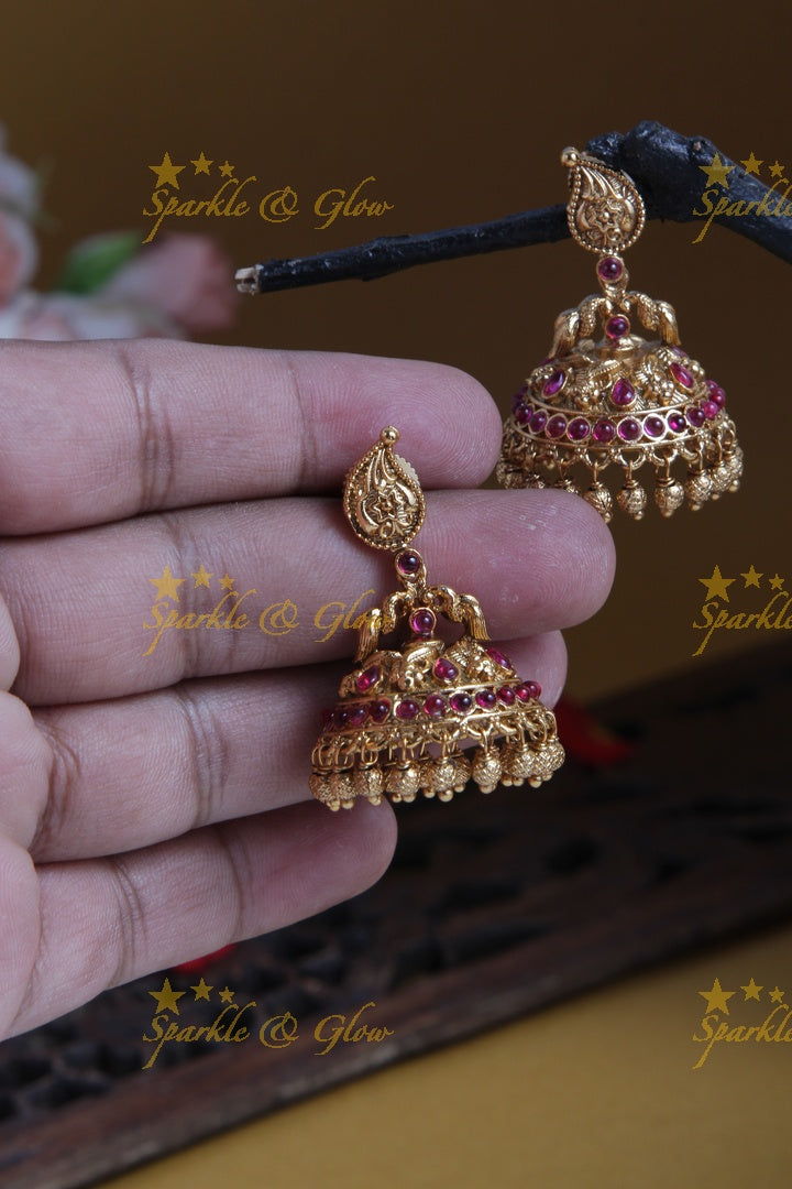 Beautiful Mango design Peacock Jhumkas with Gold beads