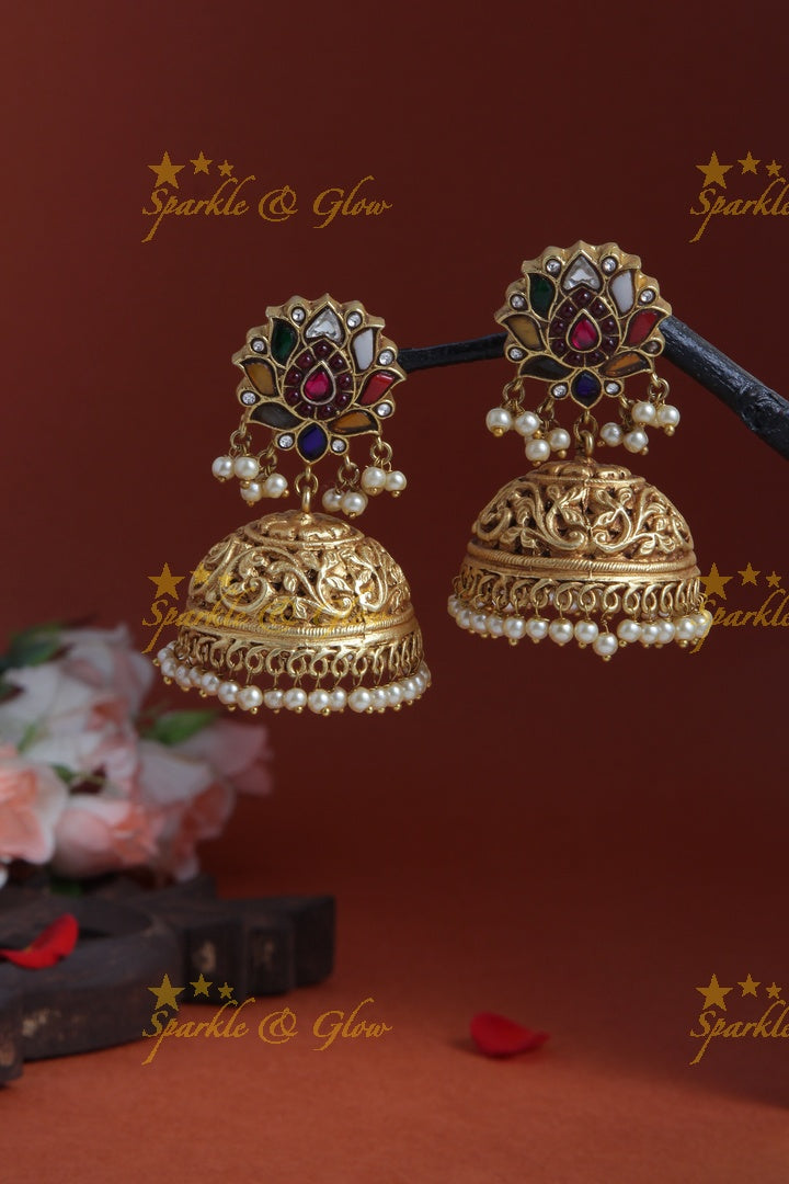 Geru Gold Multi Color Lotus Studded Jhumkas