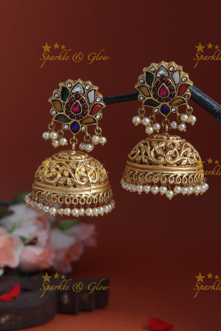 Geru Gold Multi Color Lotus Studded Jhumkas