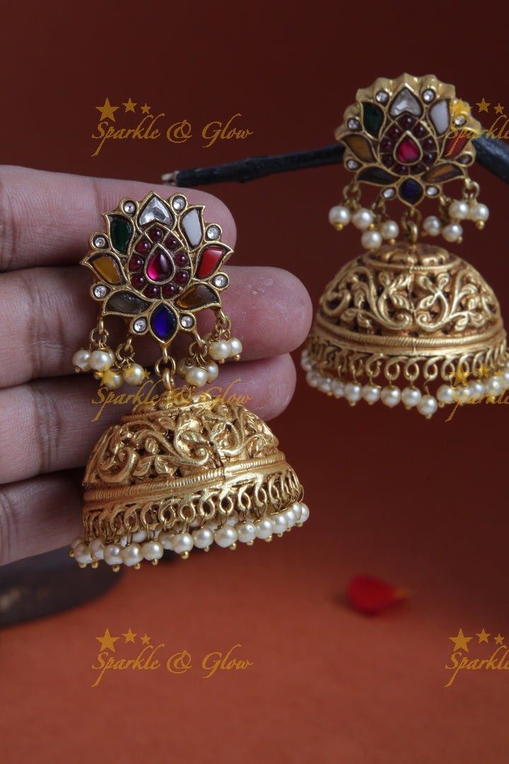 Geru Gold Multi Color Lotus Studded Jhumkas