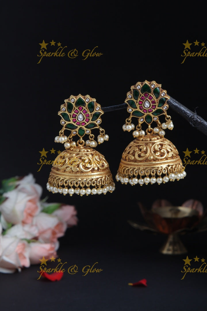 Geru Gold Multi Color Lotus Studded Jhumkas