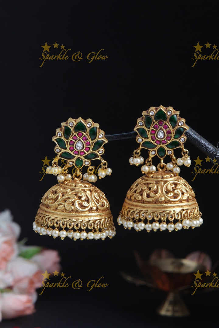 Geru Gold Multi Color Lotus Studded Jhumkas